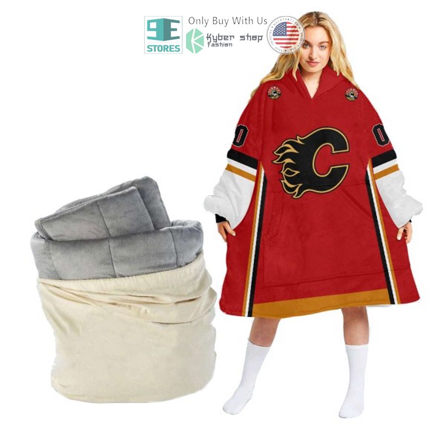 personalized nhl calgary flames red sherpa hooded blanket 1 75731