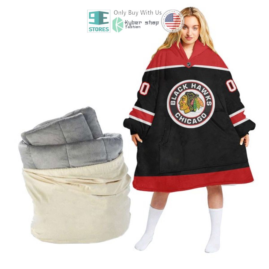 personalized nhl chicago blackhawks black red sherpa hooded blanket 1 65994