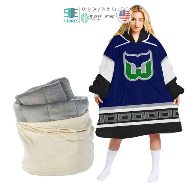 personalized nhl hartford whalers logo blue sherpa hooded blanket 1 37852