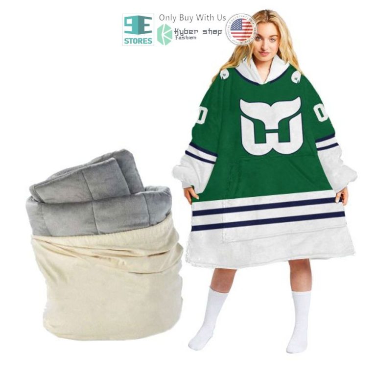 personalized nhl hartford whalers logo white striped sherpa hooded blanket 2 27492