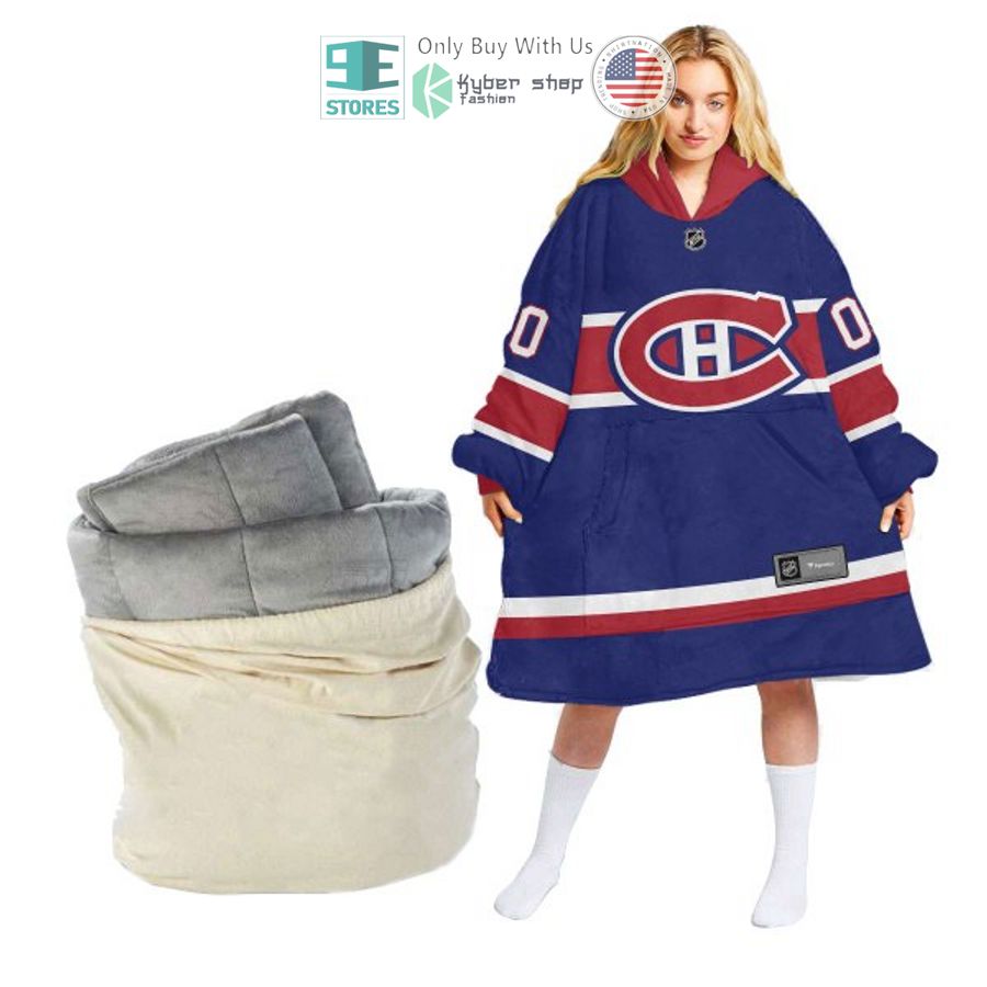 personalized nhl montreal canadiens logo blue sherpa hooded blanket 1 95928