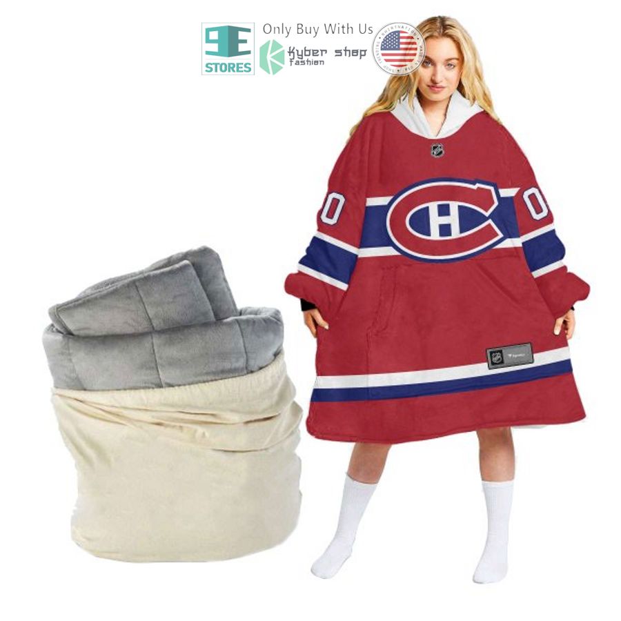 personalized nhl montreal canadiens logo red sherpa hooded blanket 2 36282