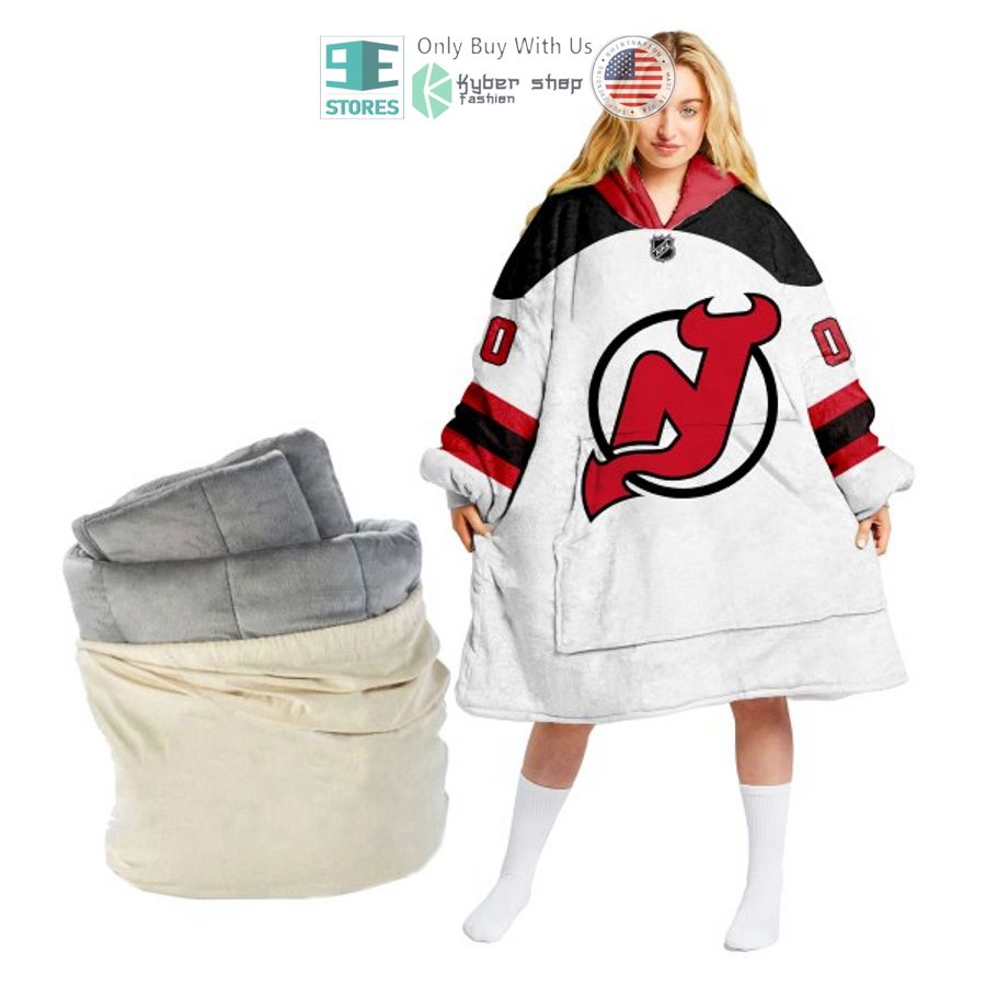 personalized nhl new jersey devils log white sherpa hooded blanket 1 11689