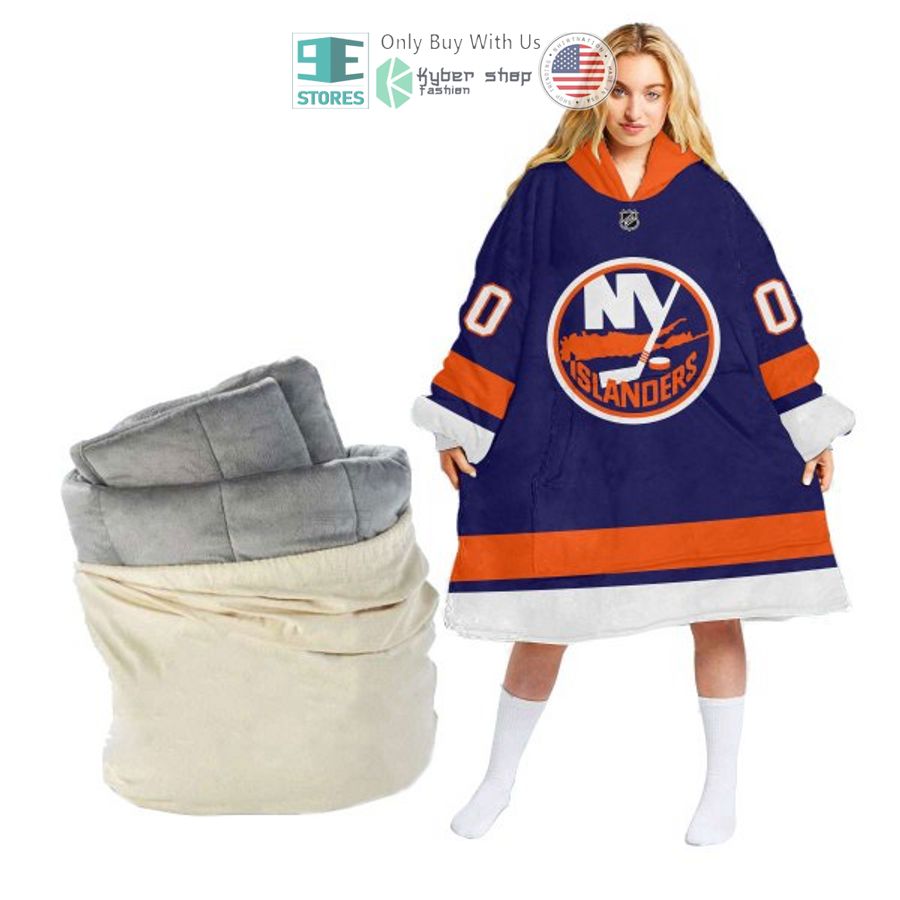personalized nhl new york islanders blue orange sherpa hooded blanket 1 22472