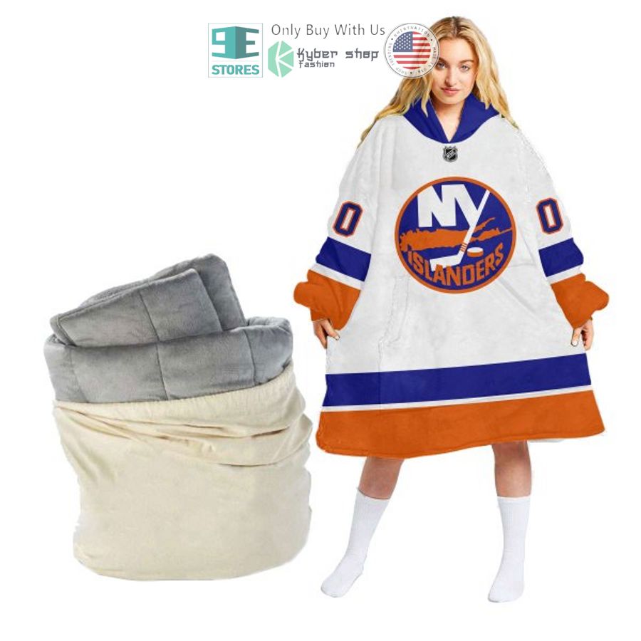 personalized nhl new york islanders white sherpa hooded blanket 1 37433