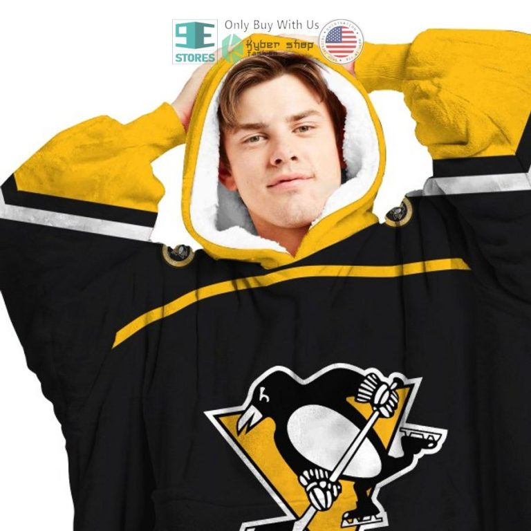 personalized nhl pittsburgh penguins logo black yellow sherpa hooded blanket 3 4377