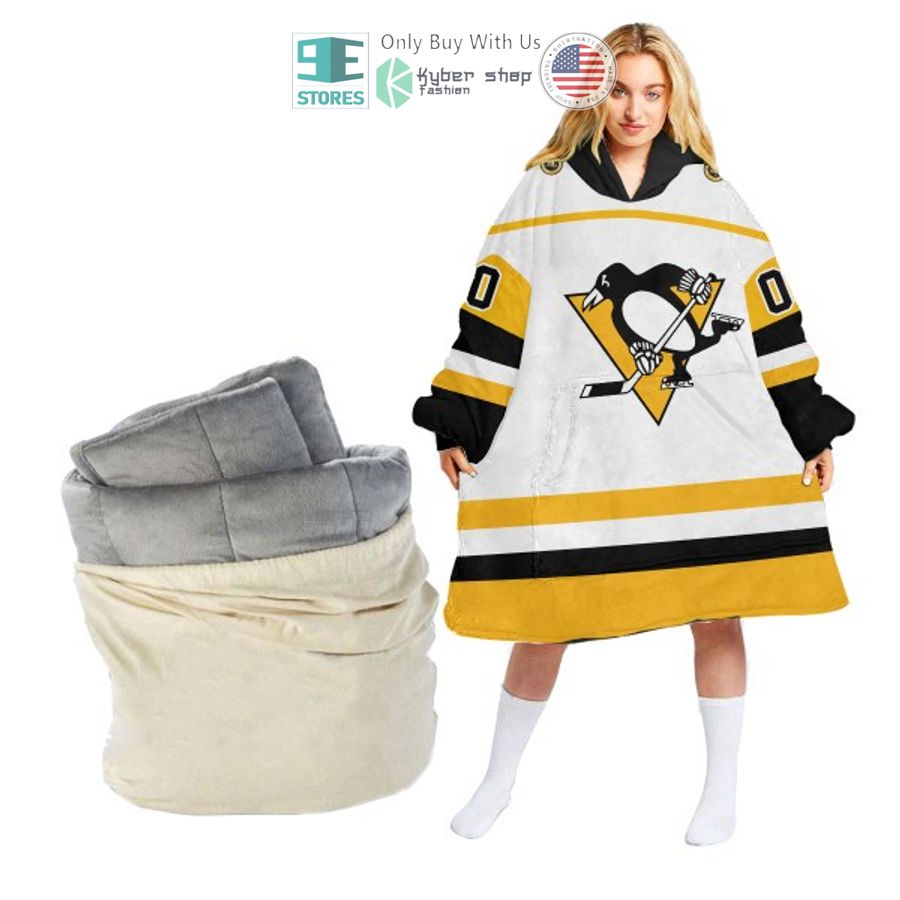 personalized nhl pittsburgh penguins white yellow sherpa hooded blanket 1 83733