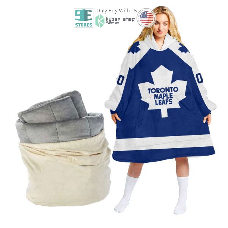 personalized nhl toronto maple leafs white blue sherpa hooded blanket 2 26045