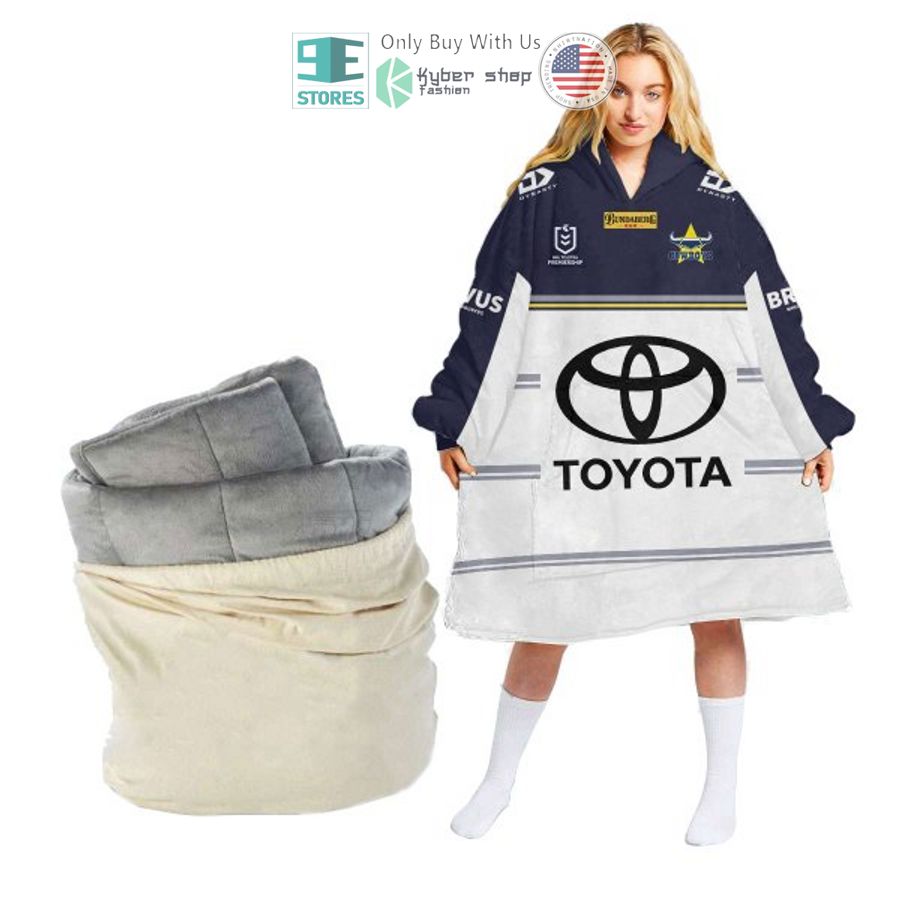 personalized north queensland cowboys toyota white blue sherpa hooded blanket 1 44194