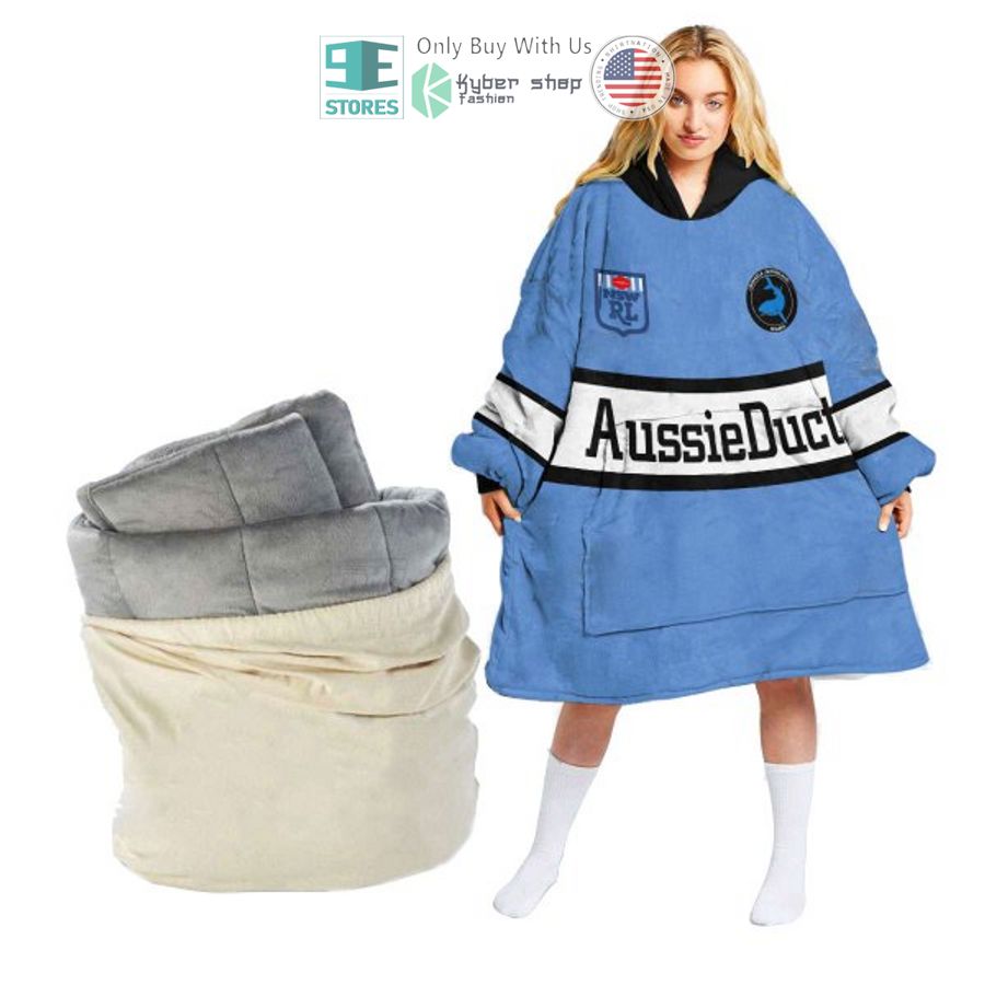 personalized nrl cronulla sutherland sharks blue sherpa hooded blanket 1 83695