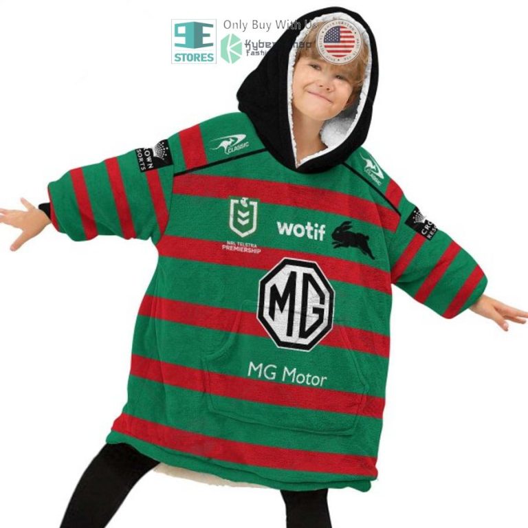 personalized nrl south sydney rabbitohs mg motor sherpa hooded blanket 2 86327