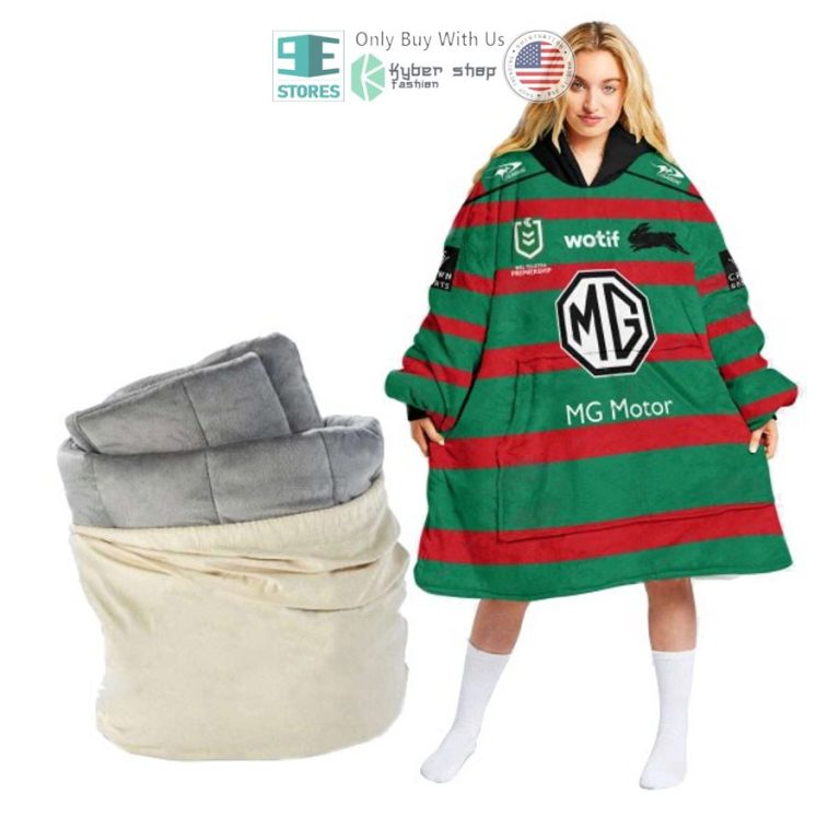 personalized nrl south sydney rabbitohs mg motor sherpa hooded blanket 3 84375