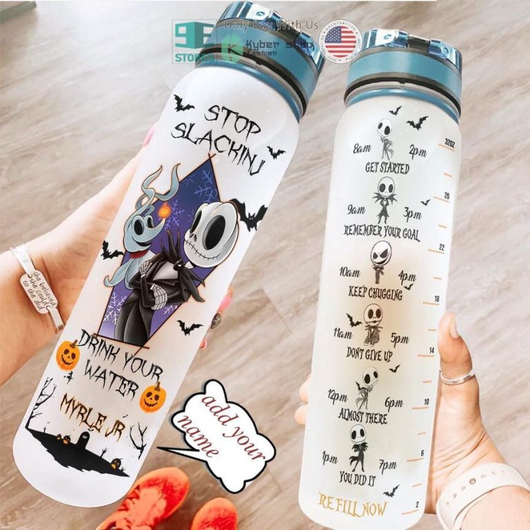 personalized stop slacking zero jack skellington water bottle 1 5669