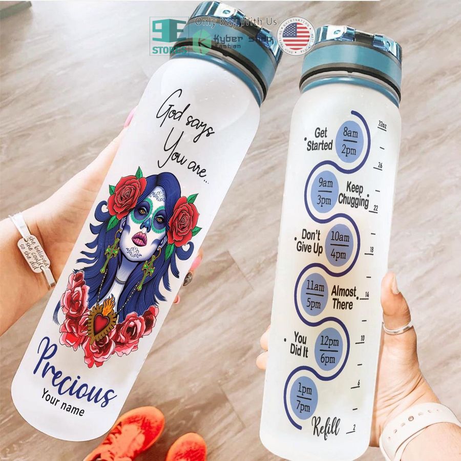 personalized sugar skull girl god says you are precious water bottle 1 78704