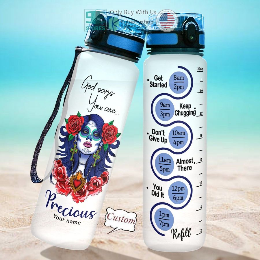 personalized sugar skull girl god says you are precious water bottle 2 22226