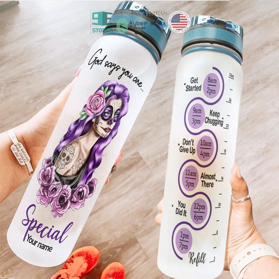personalized sugar skull girl god says you are special water bottle 1 3520