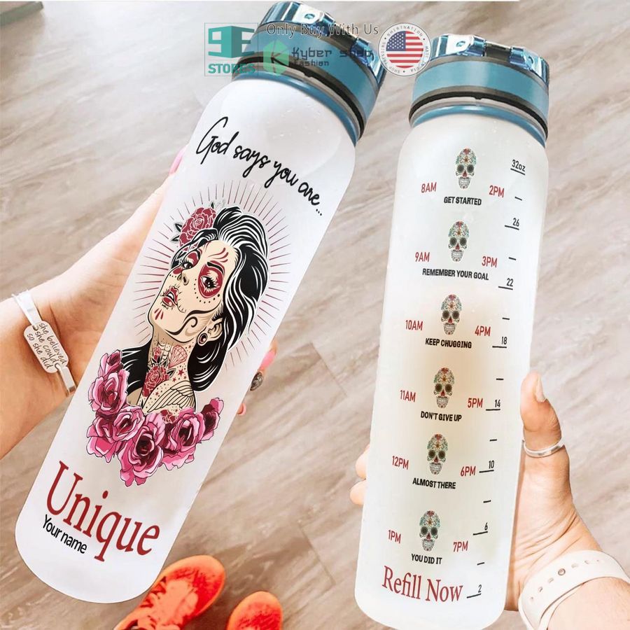 personalized sugar skull girl god says you are unique water bottle 1 2724