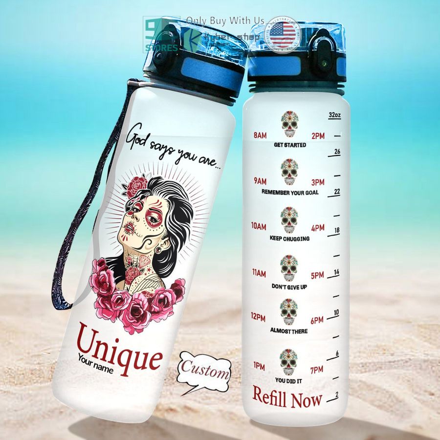 personalized sugar skull girl god says you are unique water bottle 2 56741