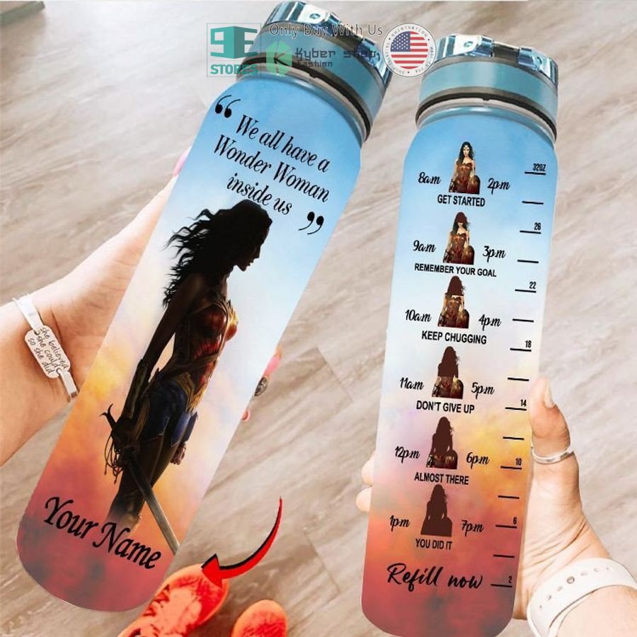 personalized we all have a wonder woman inside us blue red water bottle 1 74252