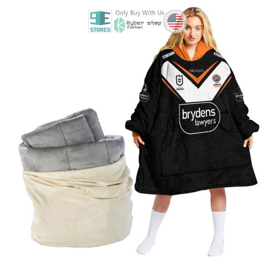 personalized wests tigers black sherpa hooded blanket 1 82212