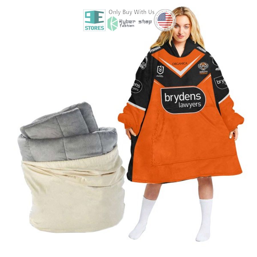 personalized wests tigers brydens lawyers orange black sherpa hooded blanket 1 85803