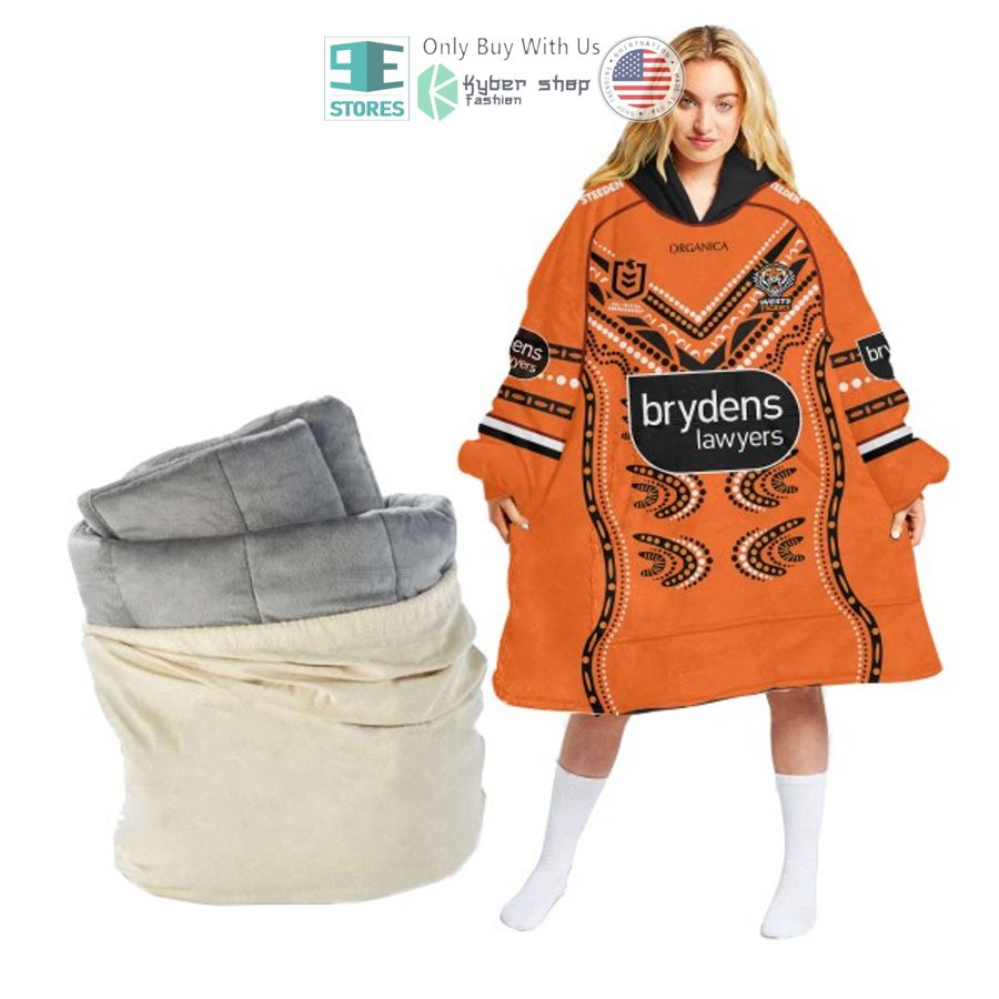 personalized wests tigers brydens lawyers orange sherpa hooded blanket 1 6533