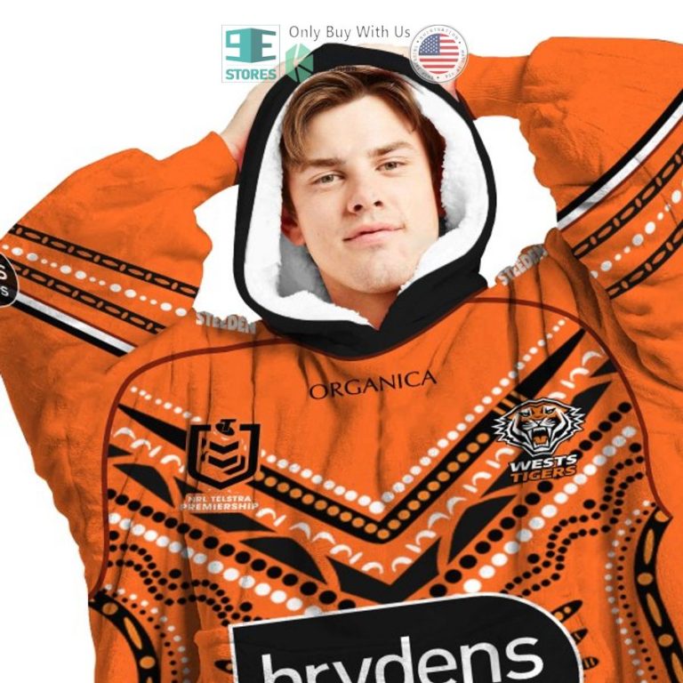 personalized wests tigers brydens lawyers orange sherpa hooded blanket 3 30473