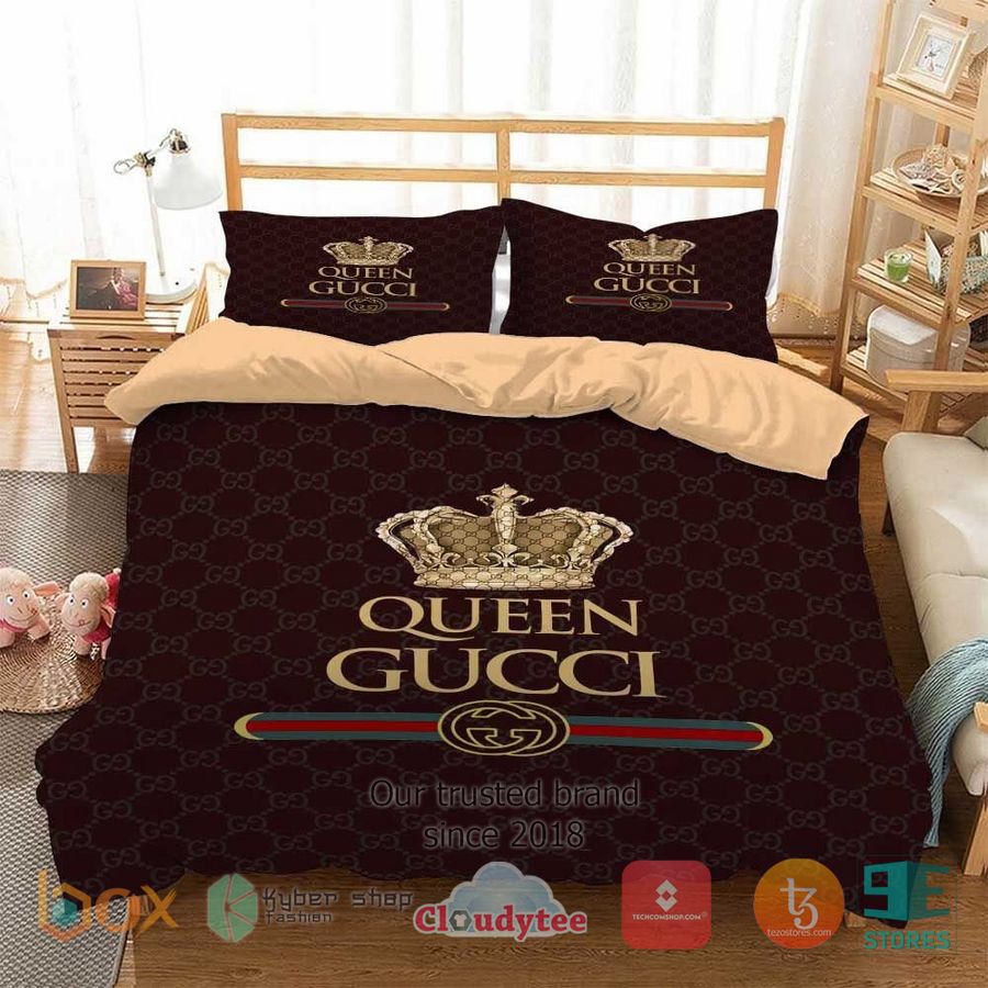 queen gucci brown pattern bedding set 1 27086