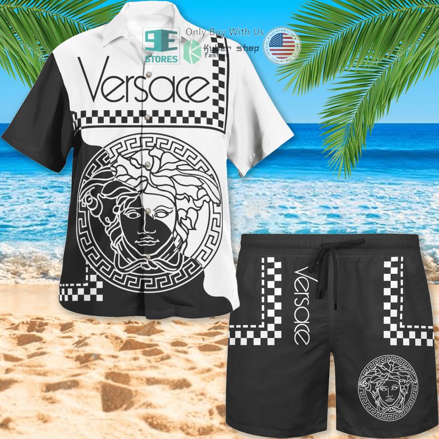 versace caro pattern black white hawaii shirt shorts 1 95514