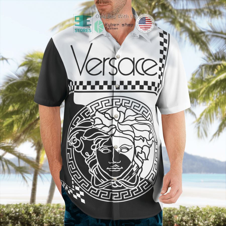 versace caro pattern black white hawaii shirt shorts 2 32128