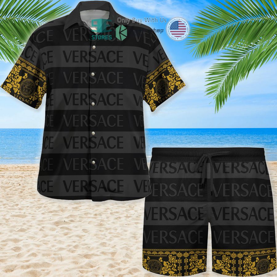 versace gold pattern black hawaii shirt shorts 1 789