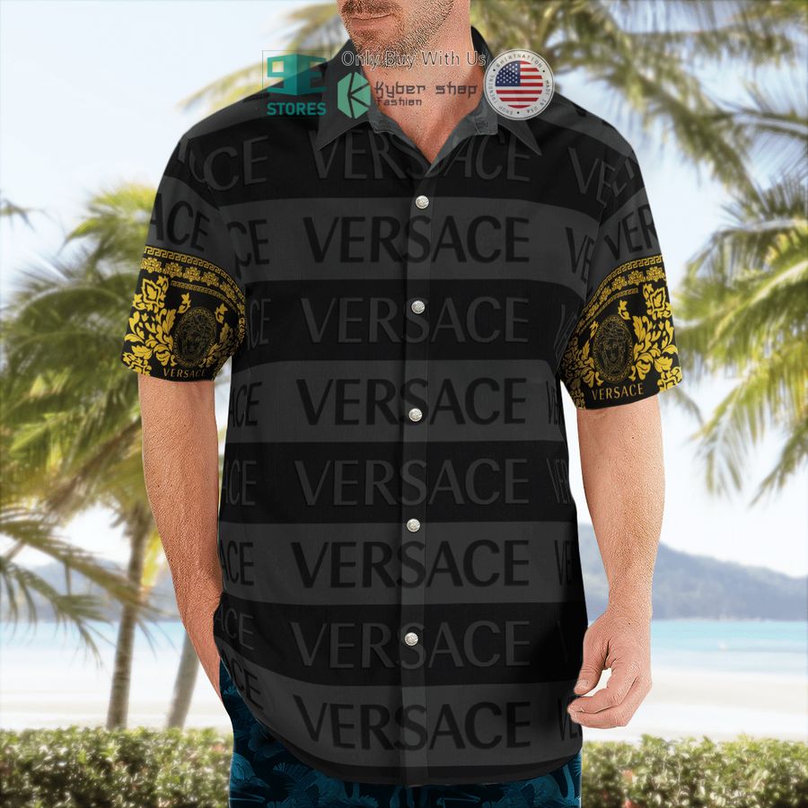 versace gold pattern black hawaii shirt shorts 2 35222