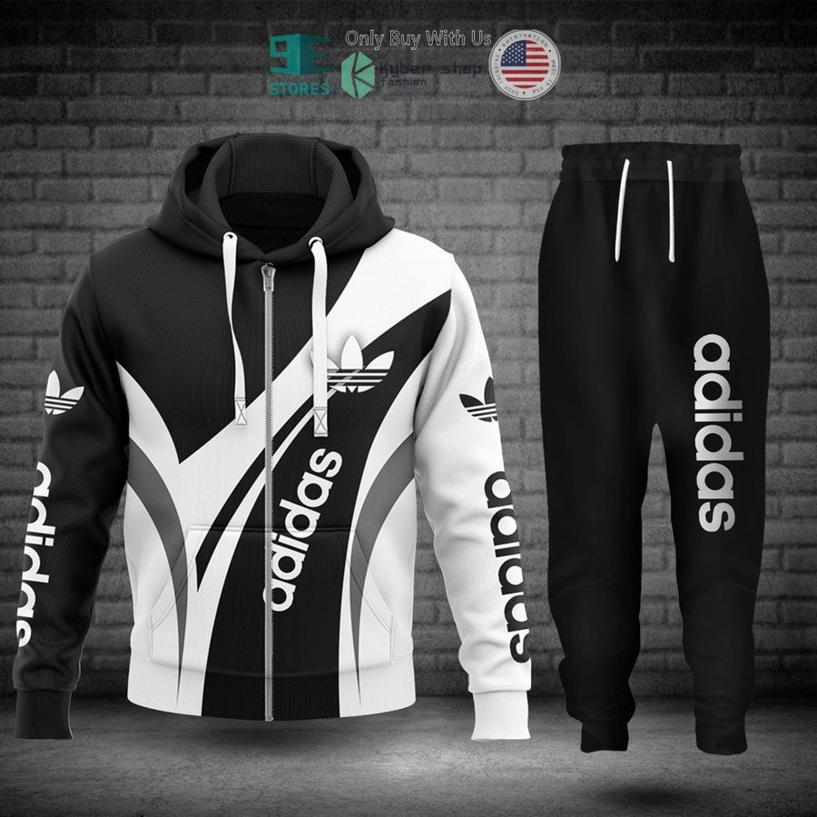 adidas brand logo black white zip hoodie long pants 1 87192
