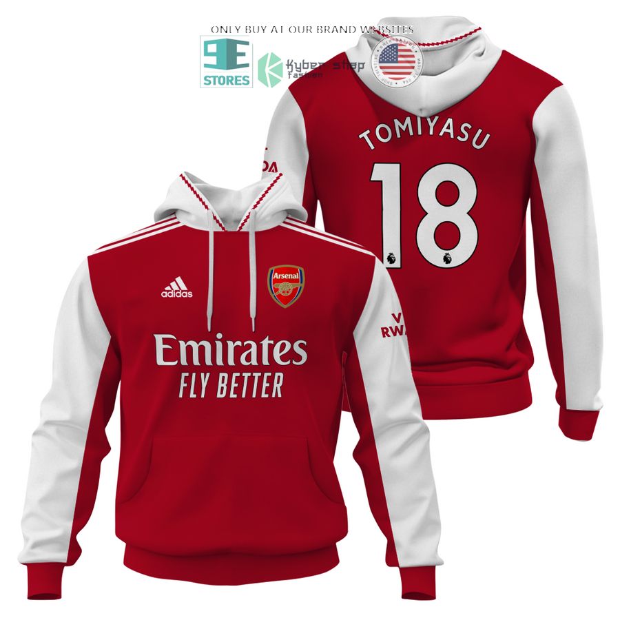 arsenal emirates fly better tomiyasu 18 red white 3d shirt hoodie 1 29452