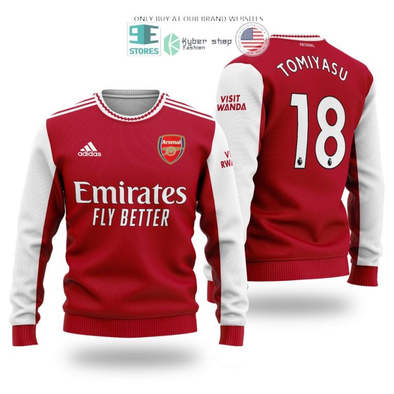 arsenal emirates fly better tomiyasu 18 red white sweater sweatshirt 1 15985