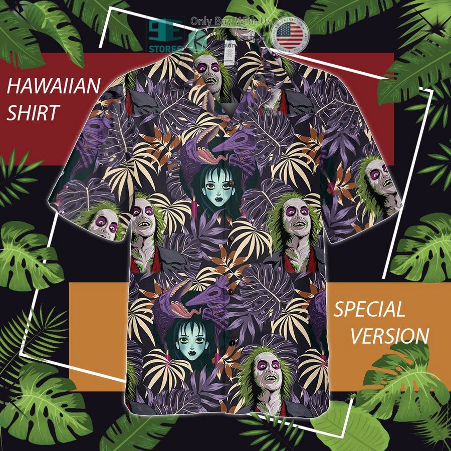 beetlejuice lydia deetz tropical leaves purple hawaiian shirt 1 33775