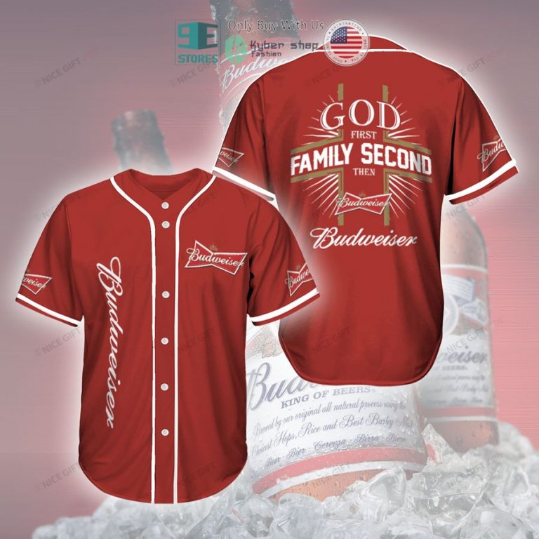 god first family second then budweiser red baseball jersey 1 44458