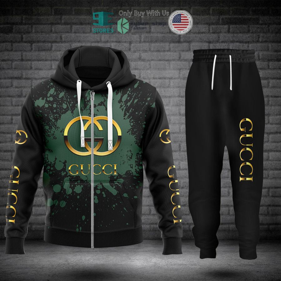 gucci logo paint green black zip hoodie long pants 1 99143