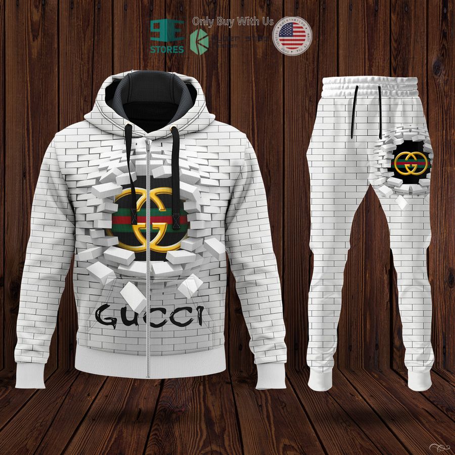 gucci luxury brand logo brick pattern white zip hoodie long pants 1 16983