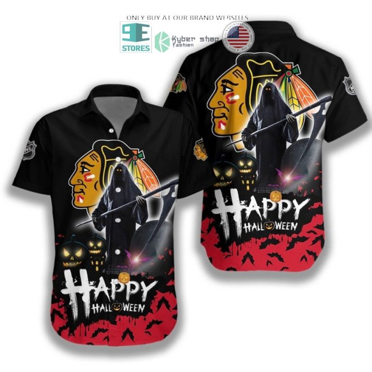 happy halloween grim reaper chicago blackhawks hawaiian shirt 1 82428