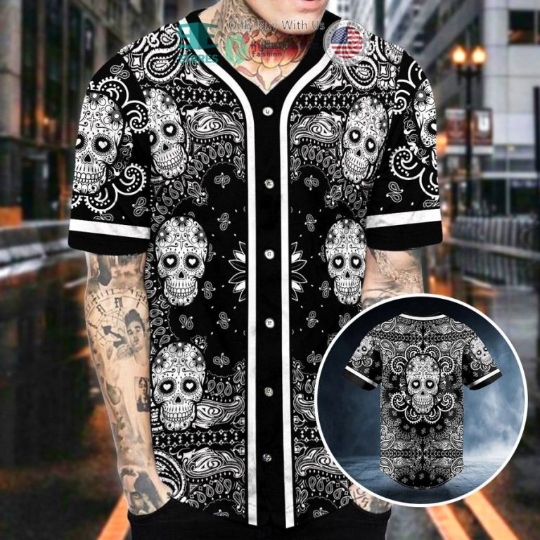 heart shaped eyes pattern of sugar skull baseball jersey 2 97294