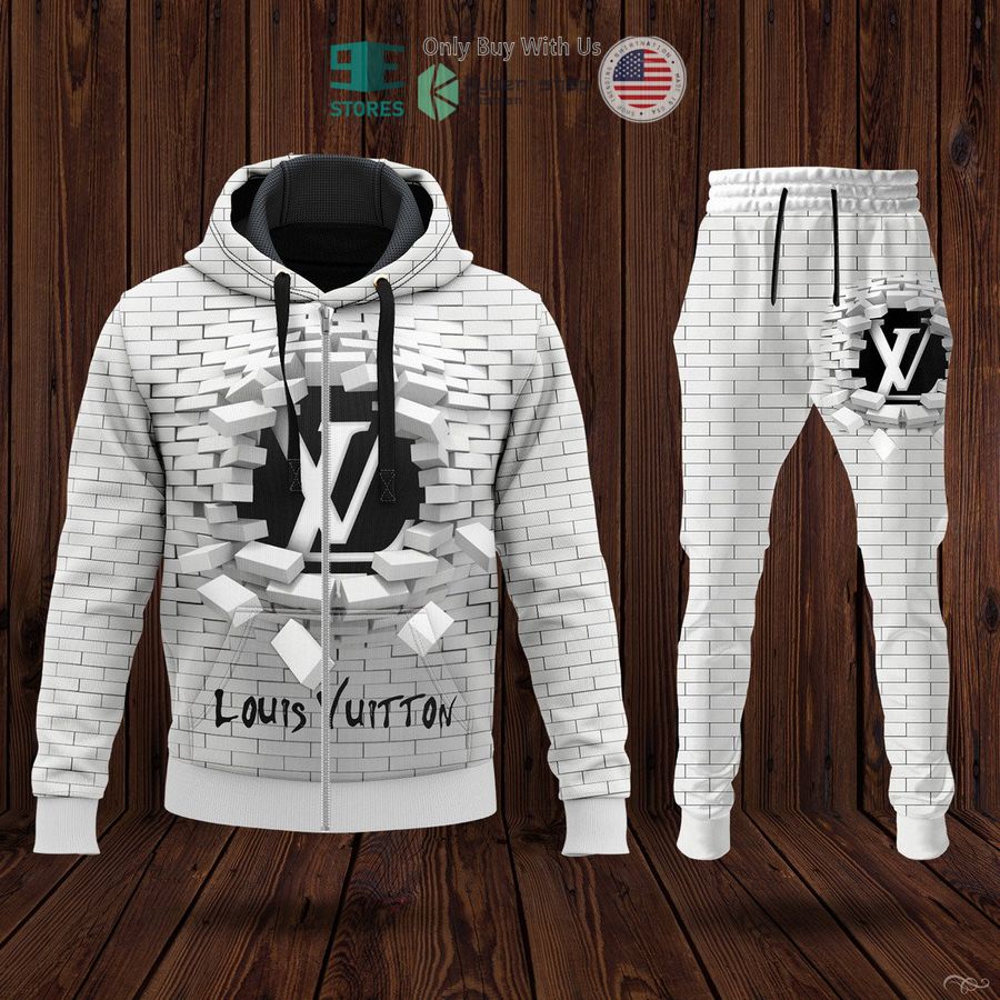 louis vuitton brand logo brick pattern white zip hoodie long pants 1 73584