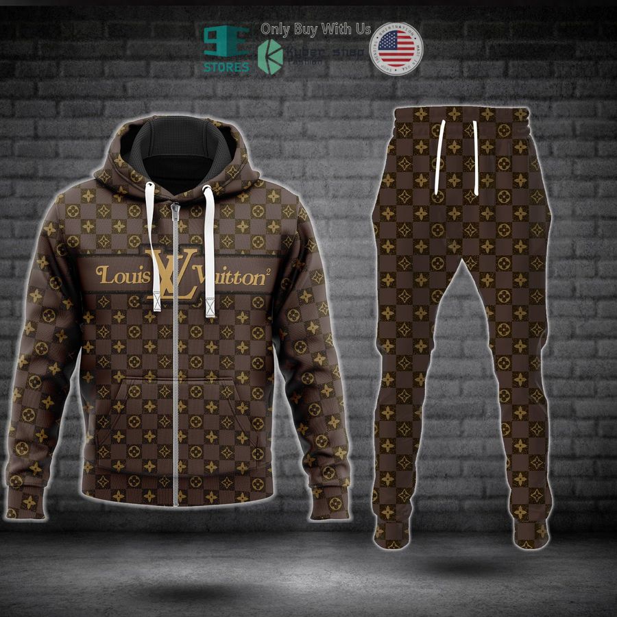 louis vuitton damier brown pattern zip hoodie long pants 1 44243