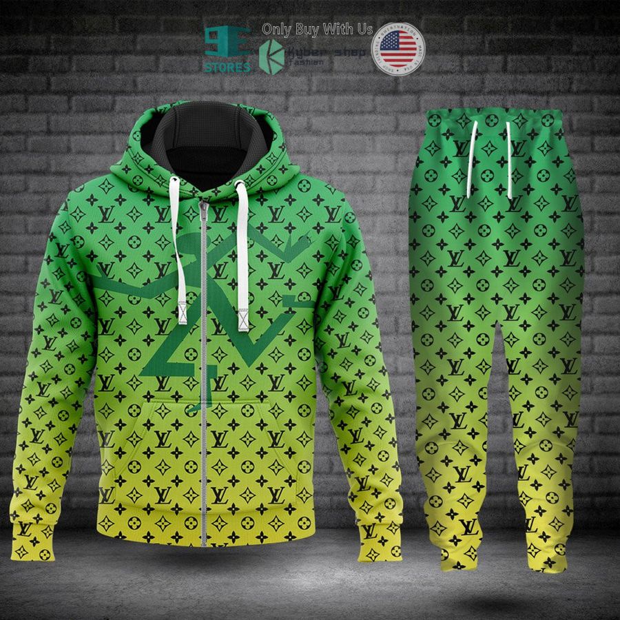 louis vuitton green pattern zip hoodie long pants 1 10978