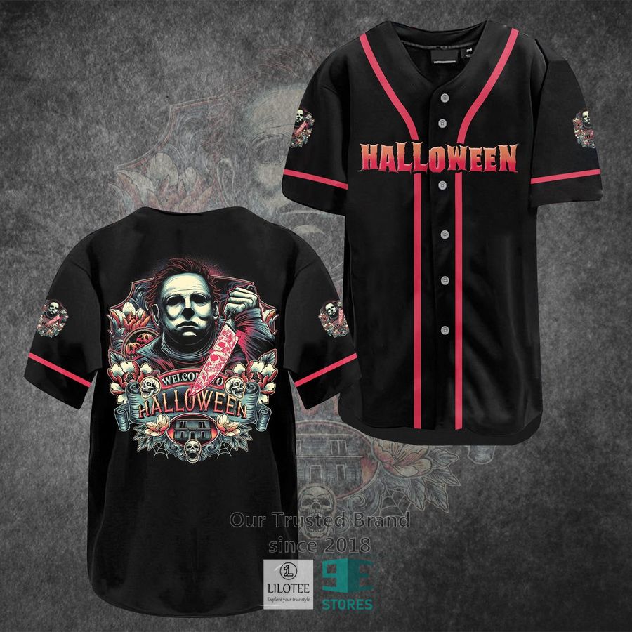 michael myers welcome to halloween horror movie baseball jersey 1 91923