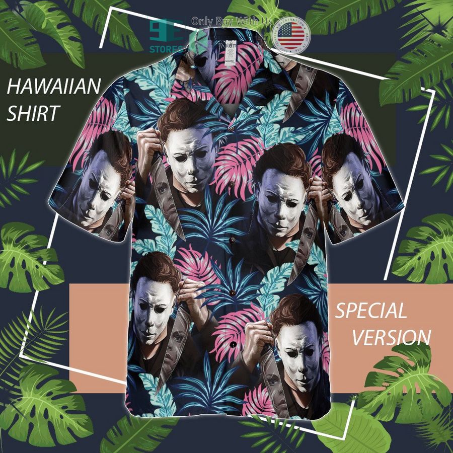 micheal myers tropical leaves dark blue hawaiian shirt 1 55307