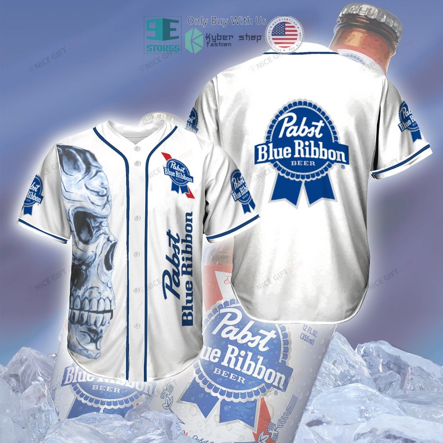 pabst blue ribbon beer logo skull white baseball jersey 1 48116