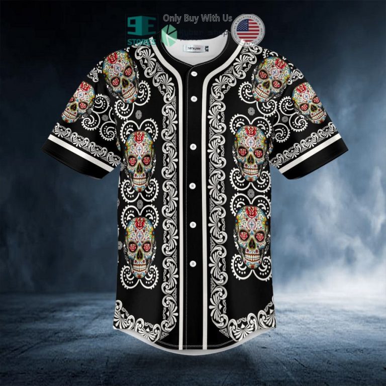 paisley pattern of colored sugar skull baseball jersey 3 68718