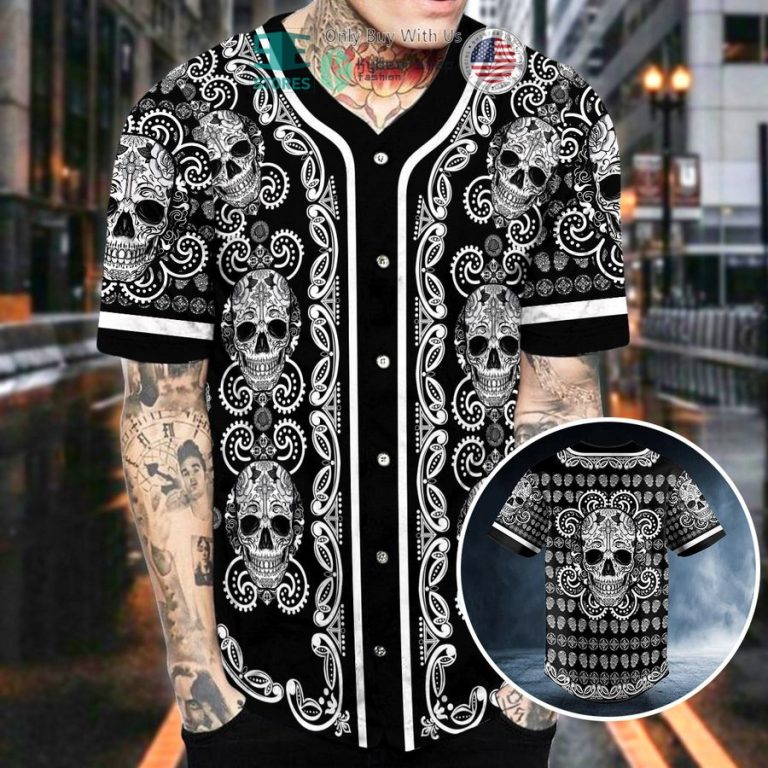 paisley pattern of white sugar skull head baseball jersey 2 98742