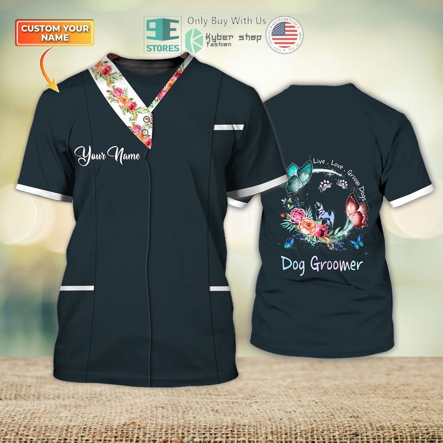 personalized akita inu flower dog groomer pet groomer uniform black salon pet 3d shirt 1 80989